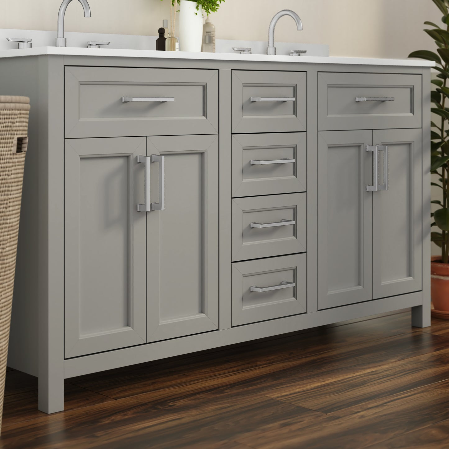 Vega 60 Inch Bathroom Double Vanity with 2 Sinks, 2 Storage Cabinets with Soft Close Doors and 6 Drawers, Carrara Marble Finish Countertop, Gray Gray