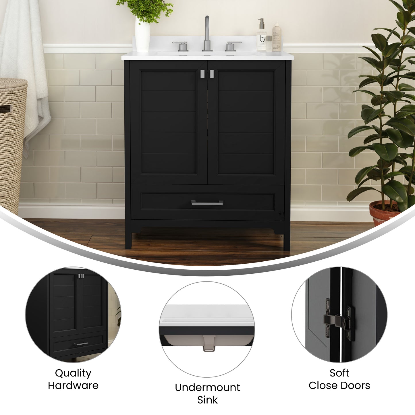 Haven 30 Inch Bathroom Vanity with Sink, Storage Cabinet with Soft Close Doors and Bottom Drawer, Carrara Marble Finish Countertop, Black Black FS-BN-4-30-KD-BK-GG