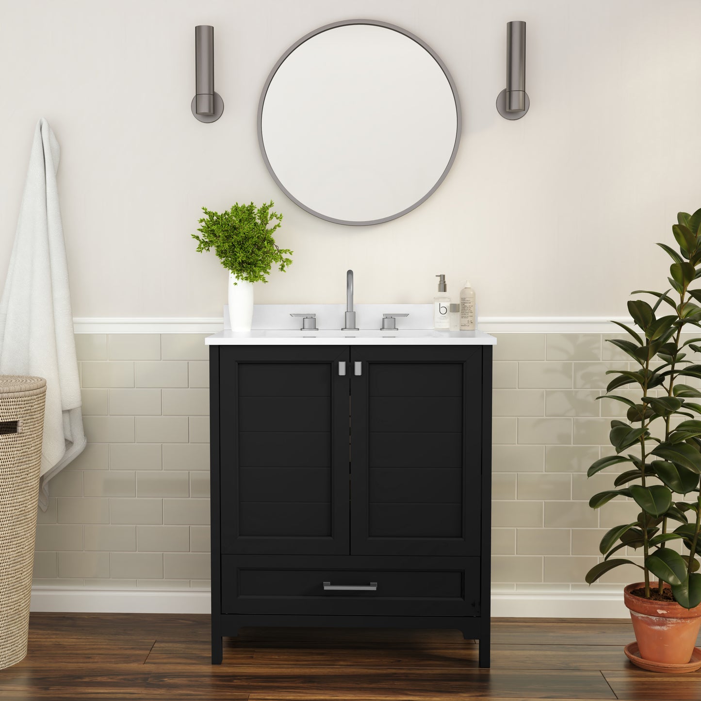 Haven 30 Inch Bathroom Vanity with Sink, Storage Cabinet with Soft Close Doors and Bottom Drawer, Carrara Marble Finish Countertop, Black Black FS-BN-4-30-KD-BK-GG