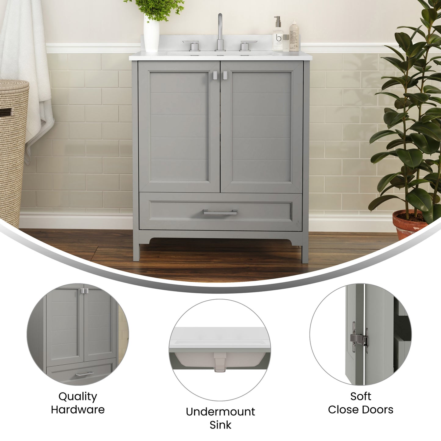 Haven 30 Inch Bathroom Vanity with Sink, Storage Cabinet with Soft Close Doors and Bottom Drawer, Carrara Marble Finish Countertop, Gray Gray