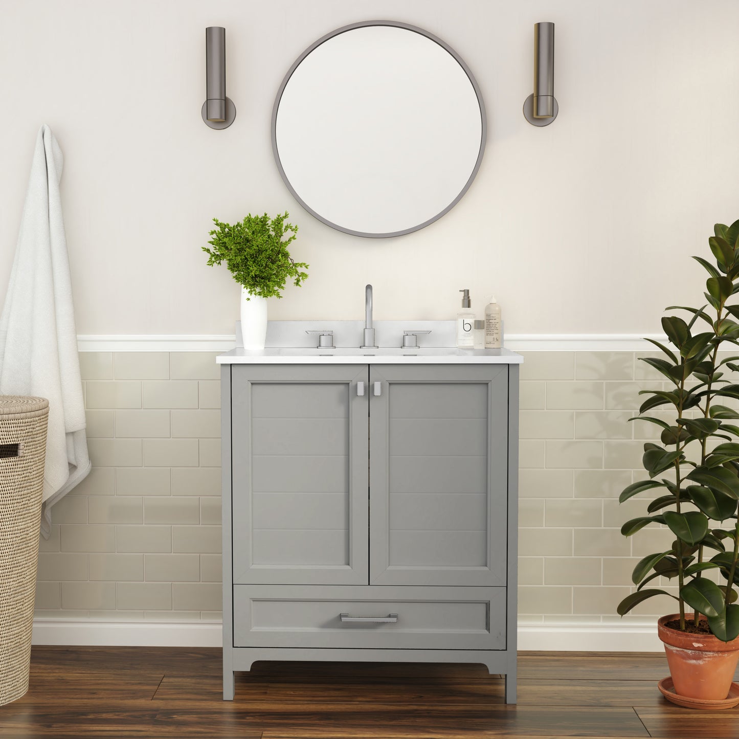 Haven 30 Inch Bathroom Vanity with Sink, Storage Cabinet with Soft Close Doors and Bottom Drawer, Carrara Marble Finish Countertop, Gray Gray
