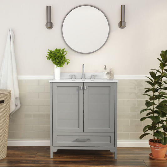 Haven 30 Inch Bathroom Vanity with Sink, Storage Cabinet with Soft Close Doors and Bottom Drawer, Carrara Marble Finish Countertop, Gray Gray FS-BN-4-30-KD-GY-GG