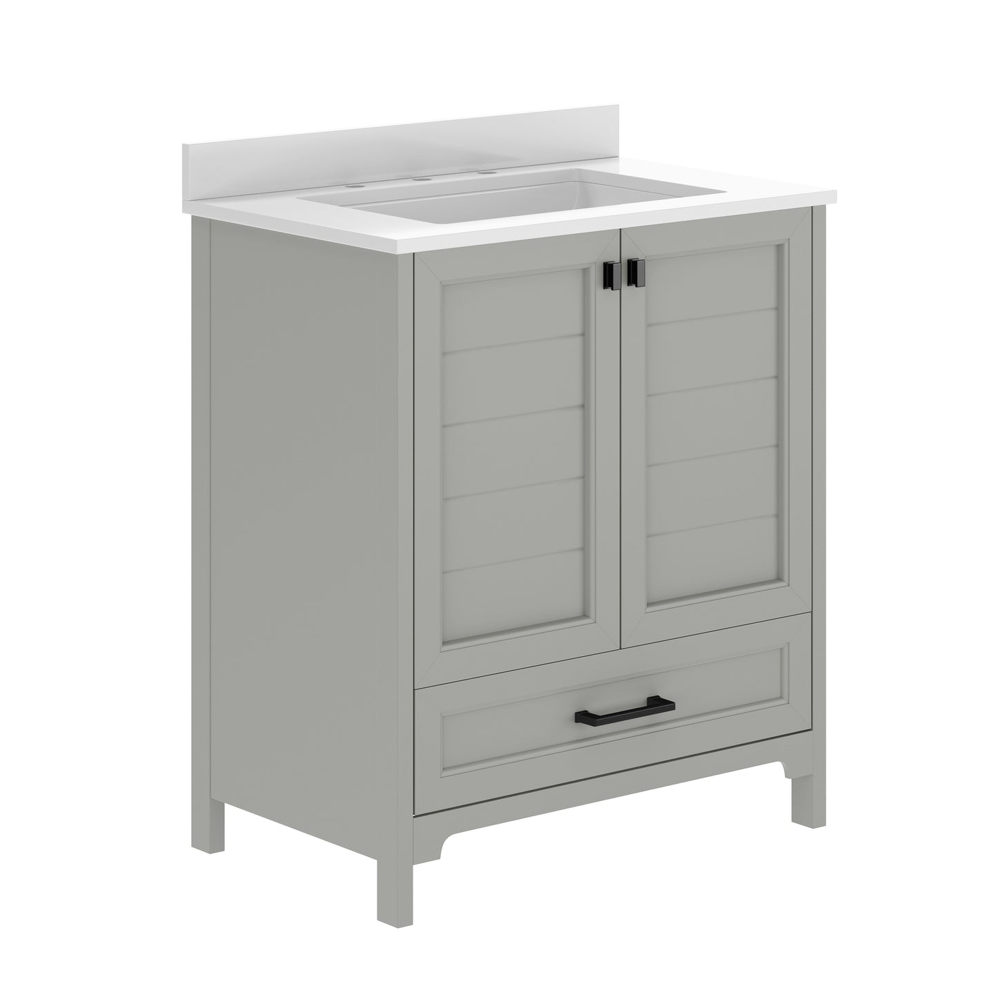 Haven 30" Bathroom Vanity with Sink, Storage Cabinet with Black Hardware, Soft Close Doors and Bottom Drawer, Carrara Marble Finish Countertop, Gray Gray Frame/Black Hardware