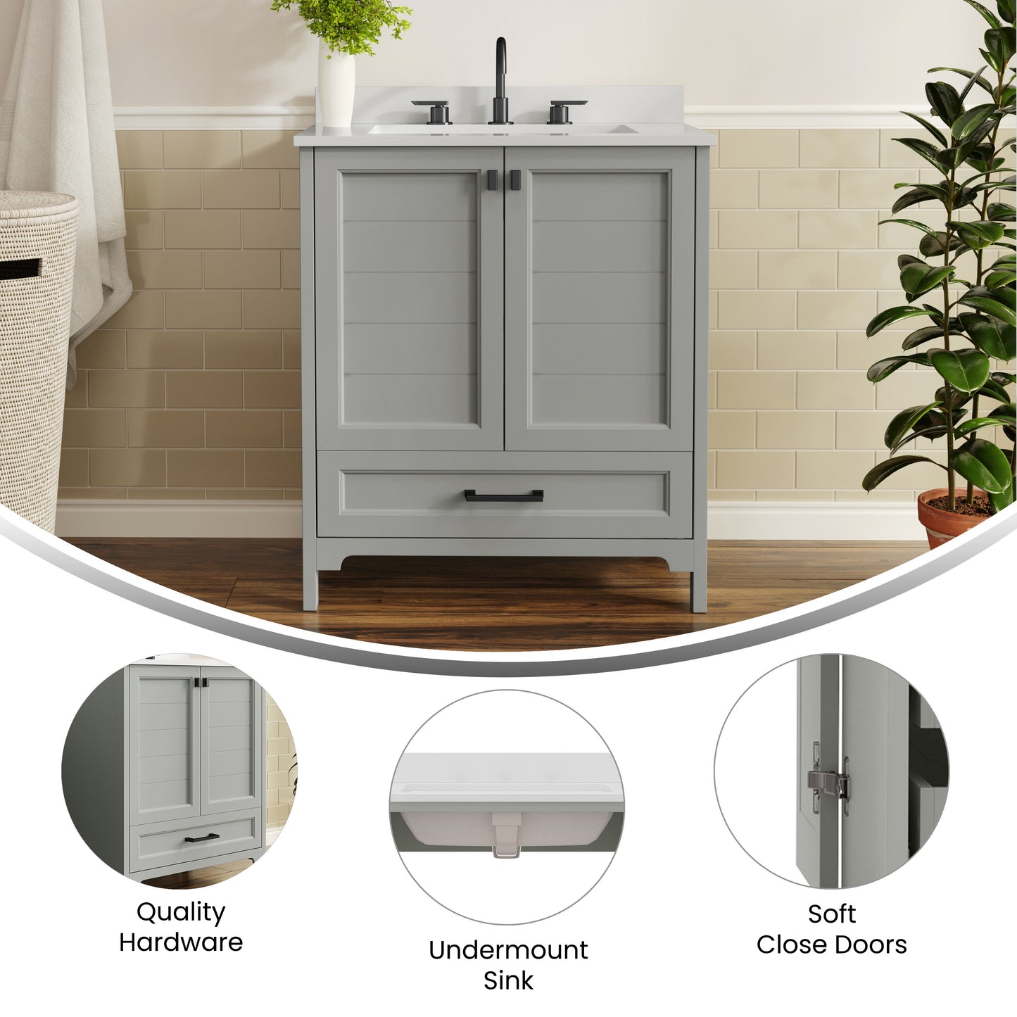 Haven 30" Bathroom Vanity with Sink, Storage Cabinet with Black Hardware, Soft Close Doors and Bottom Drawer, Carrara Marble Finish Countertop, Gray Gray Frame/Black Hardware