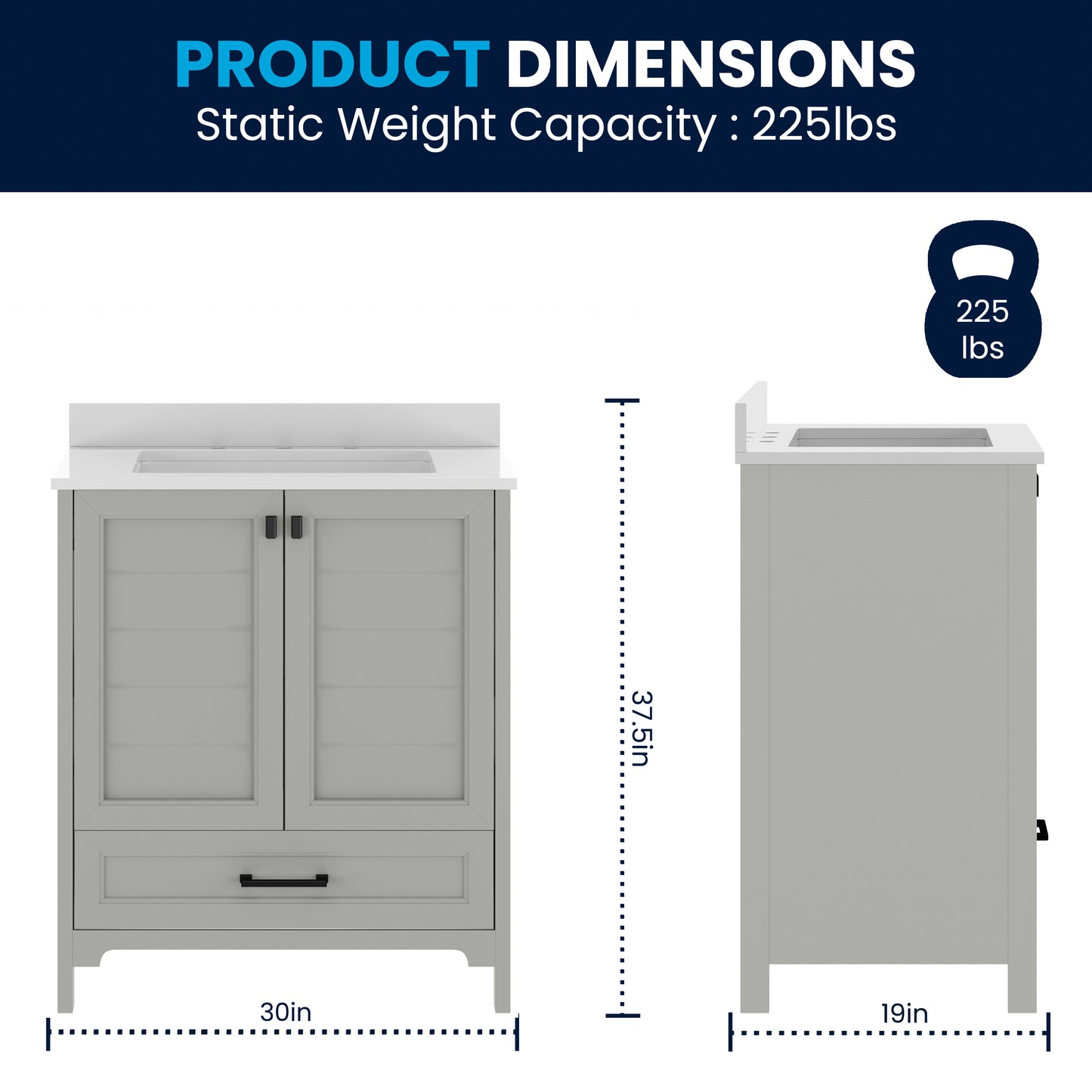 Haven 30" Bathroom Vanity with Sink, Storage Cabinet with Black Hardware, Soft Close Doors and Bottom Drawer, Carrara Marble Finish Countertop, Gray Gray Frame/Black Hardware
