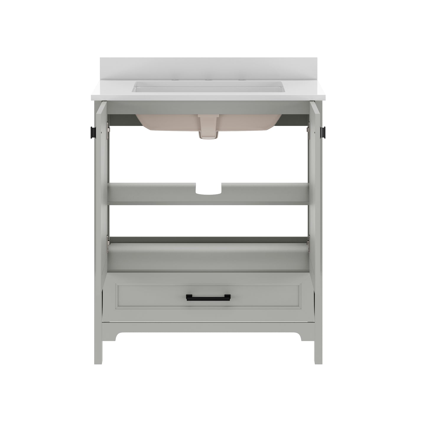 Haven 30" Bathroom Vanity with Sink, Storage Cabinet with Black Hardware, Soft Close Doors and Bottom Drawer, Carrara Marble Finish Countertop, Gray Gray Frame/Black Hardware