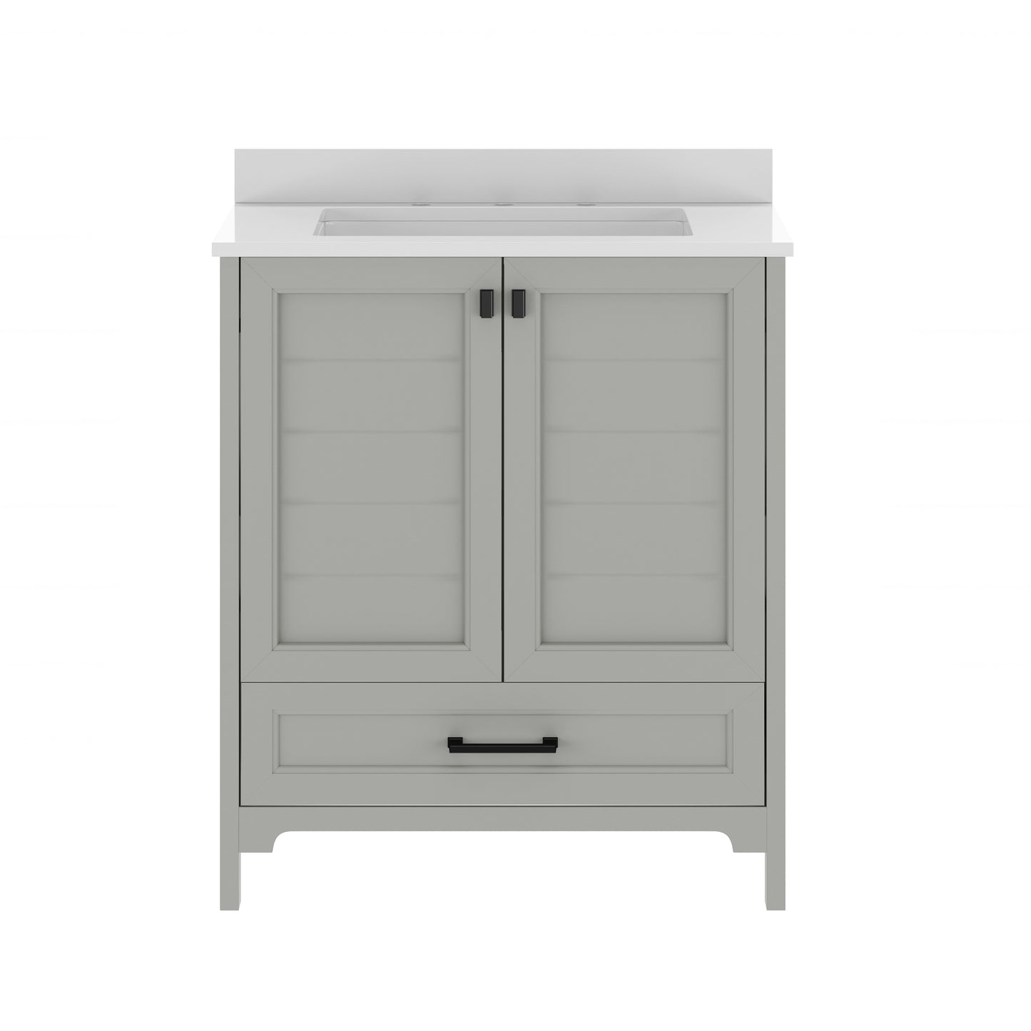 Haven 30" Bathroom Vanity with Sink, Storage Cabinet with Black Hardware, Soft Close Doors and Bottom Drawer, Carrara Marble Finish Countertop, Gray Gray Frame/Black Hardware