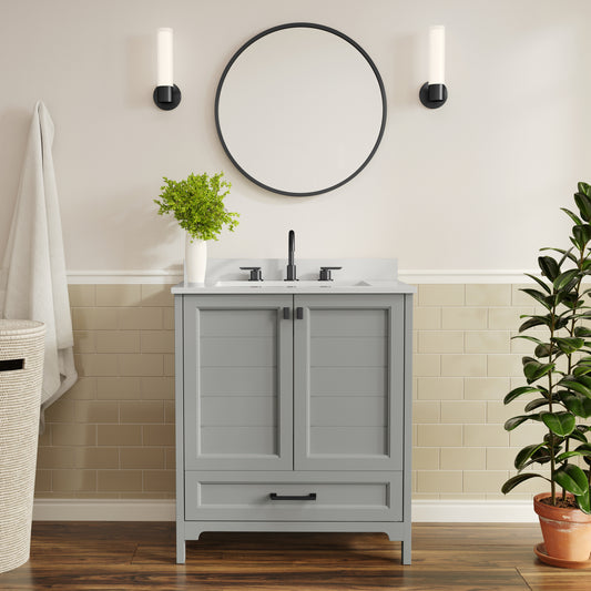 Haven 30" Bathroom Vanity with Sink, Storage Cabinet with Black Hardware, Soft Close Doors and Bottom Drawer, Carrara Marble Finish Countertop, Gray Gray Frame/Black Hardware FS-BN-4-30-KD-GY-HDBLK-GG