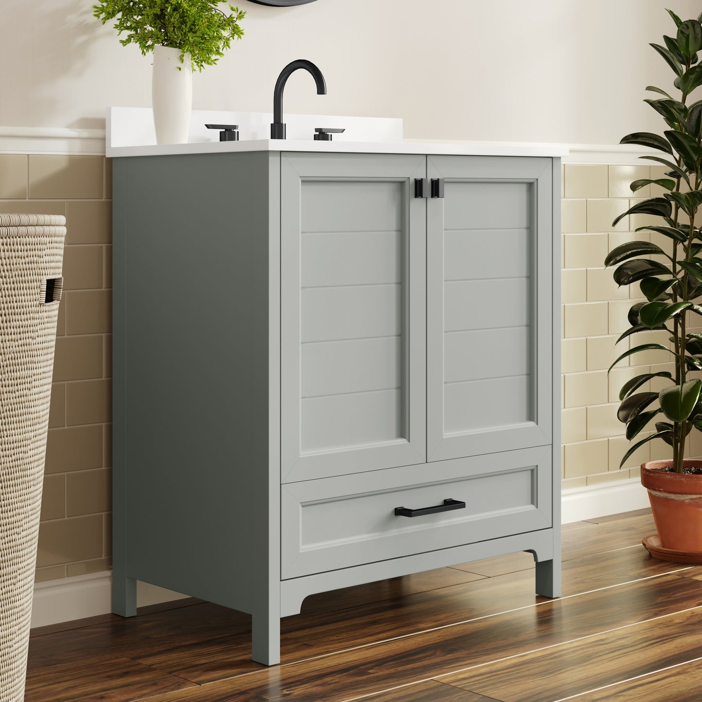 Haven 30" Bathroom Vanity with Sink, Storage Cabinet with Black Hardware, Soft Close Doors and Bottom Drawer, Carrara Marble Finish Countertop, Gray Gray Frame/Black Hardware