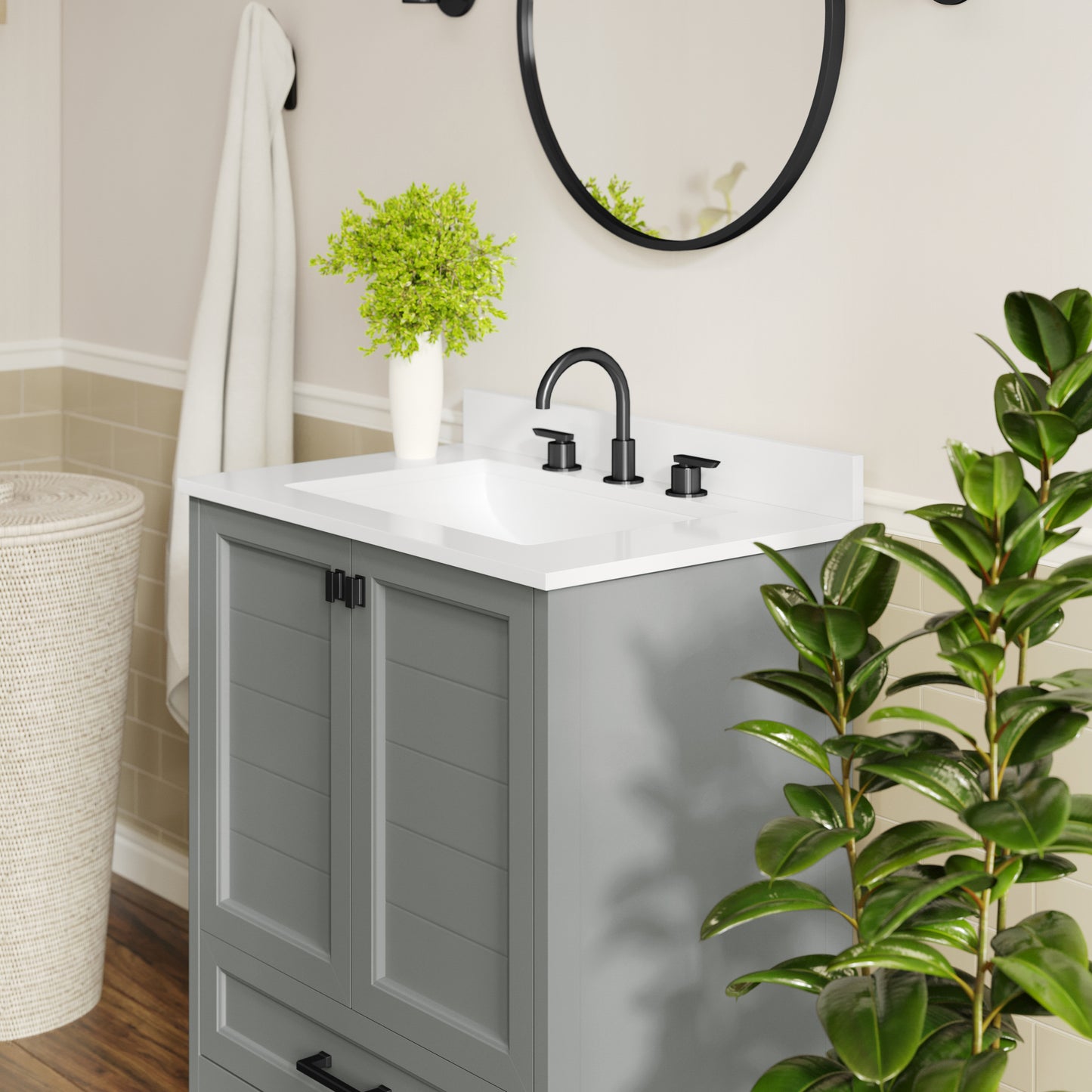 Haven 30" Bathroom Vanity with Sink, Storage Cabinet with Black Hardware, Soft Close Doors and Bottom Drawer, Carrara Marble Finish Countertop, Gray Gray Frame/Black Hardware