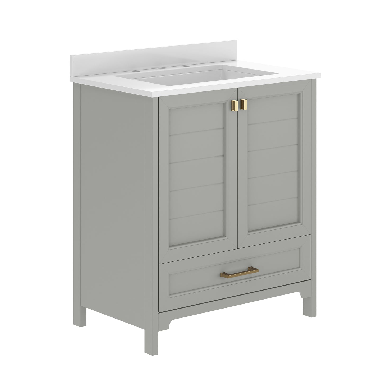 Haven 30" Bathroom Vanity with Sink, Storage Cabinet with Gold Hardware, Soft Close Doors and Bottom Drawer, Carrara Marble Finish Countertop, Gray Gray Frame/Gold Hardware