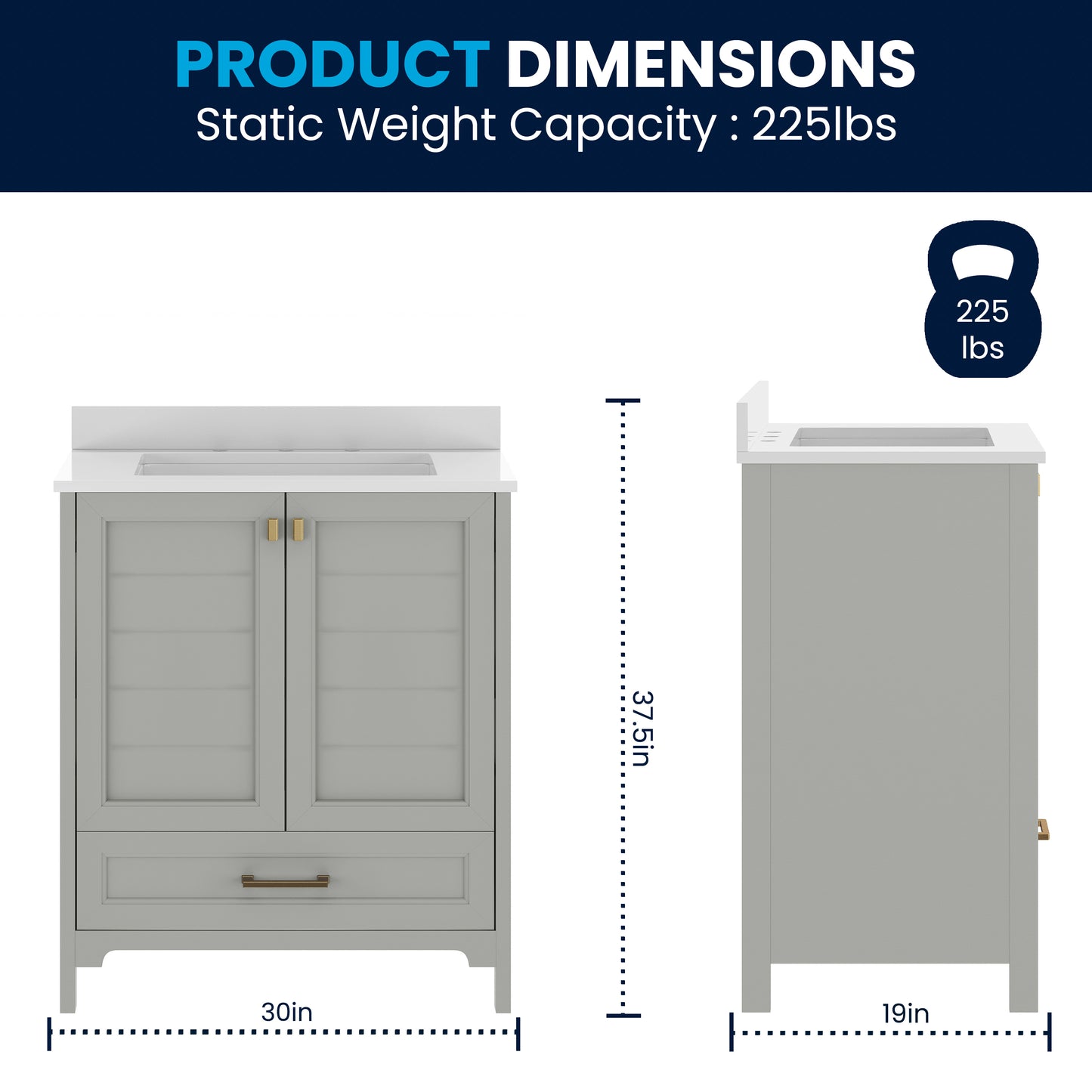 Haven 30" Bathroom Vanity with Sink, Storage Cabinet with Gold Hardware, Soft Close Doors and Bottom Drawer, Carrara Marble Finish Countertop, Gray Gray Frame/Gold Hardware