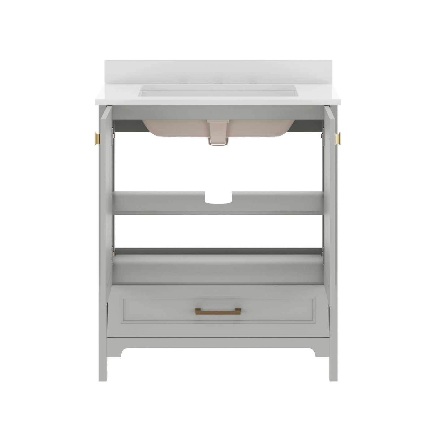 Haven 30" Bathroom Vanity with Sink, Storage Cabinet with Gold Hardware, Soft Close Doors and Bottom Drawer, Carrara Marble Finish Countertop, Gray Gray Frame/Gold Hardware