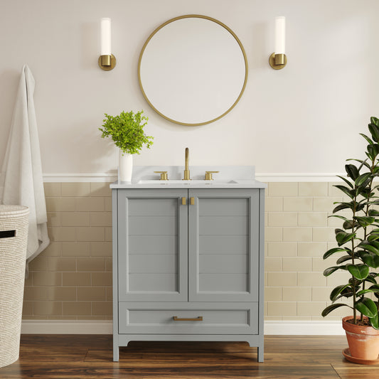 Haven 30" Bathroom Vanity with Sink, Storage Cabinet with Gold Hardware, Soft Close Doors and Bottom Drawer, Carrara Marble Finish Countertop, Gray Gray Frame/Gold Hardware FS-BN-4-30-KD-GY-HDGLD-GG