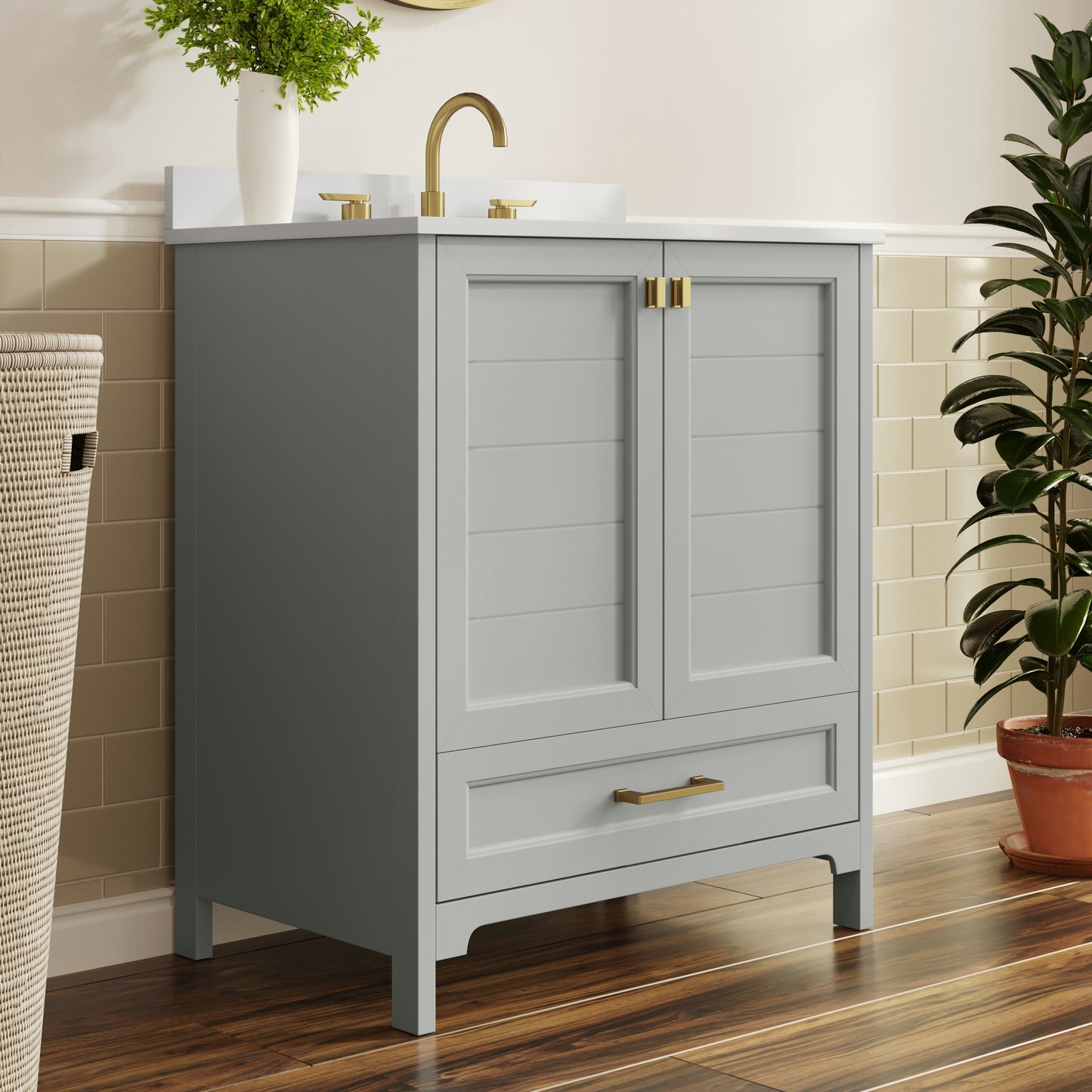 Haven 30" Bathroom Vanity with Sink, Storage Cabinet with Gold Hardware, Soft Close Doors and Bottom Drawer, Carrara Marble Finish Countertop, Gray Gray Frame/Gold Hardware