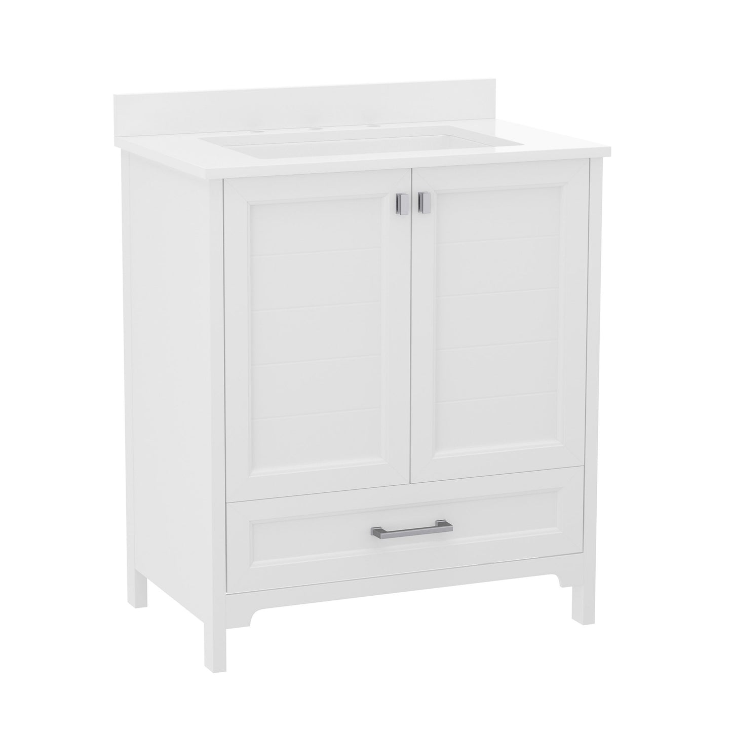 Haven 30 Inch Bathroom Vanity with Sink, Storage Cabinet with Soft Close Doors and Bottom Drawer, Carrara Marble Finish Countertop, White White