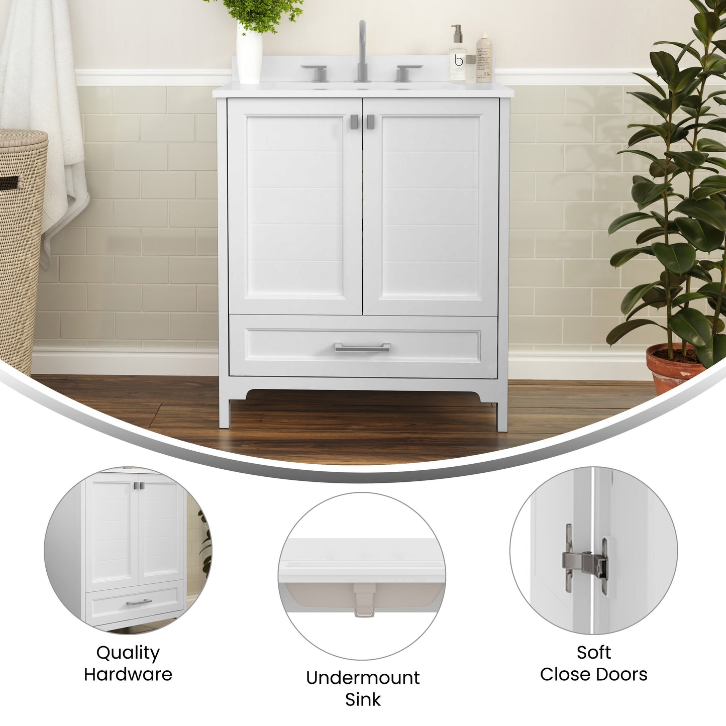 Haven 30 Inch Bathroom Vanity with Sink, Storage Cabinet with Soft Close Doors and Bottom Drawer, Carrara Marble Finish Countertop, White White