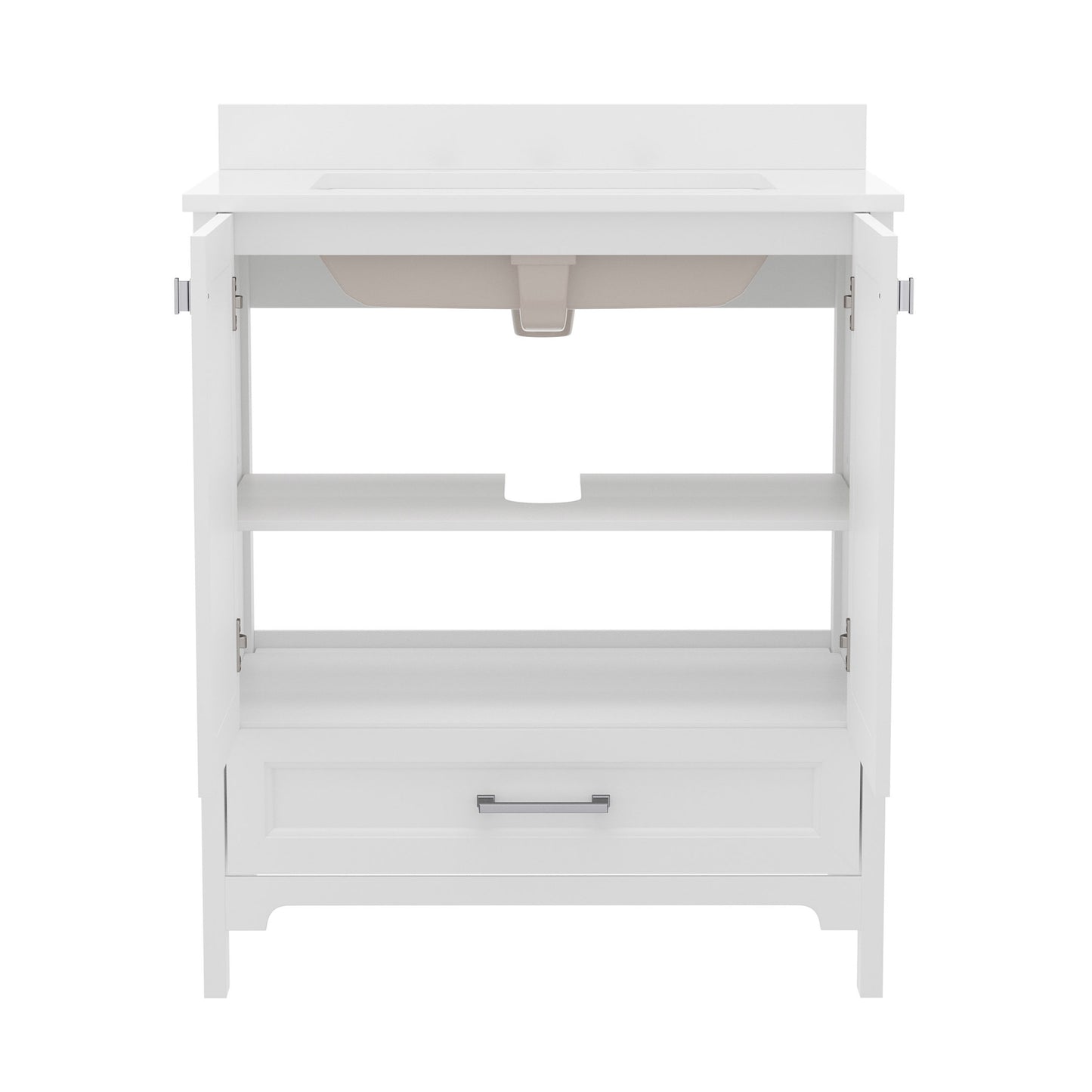 Haven 30 Inch Bathroom Vanity with Sink, Storage Cabinet with Soft Close Doors and Bottom Drawer, Carrara Marble Finish Countertop, White White