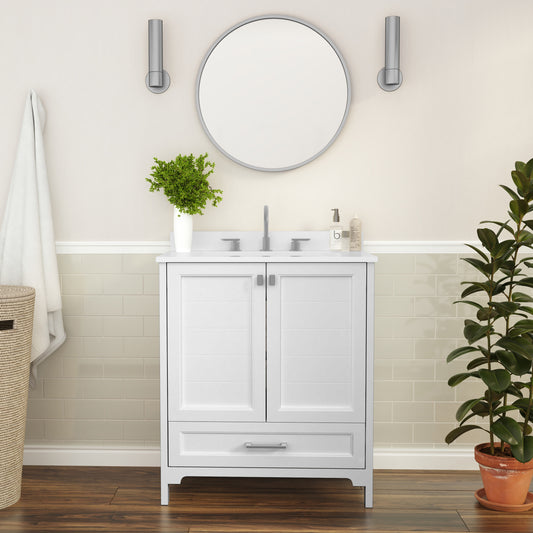 Haven 30 Inch Bathroom Vanity with Sink, Storage Cabinet with Soft Close Doors and Bottom Drawer, Carrara Marble Finish Countertop, White White FS-BN-4-30-KD-WH-GG