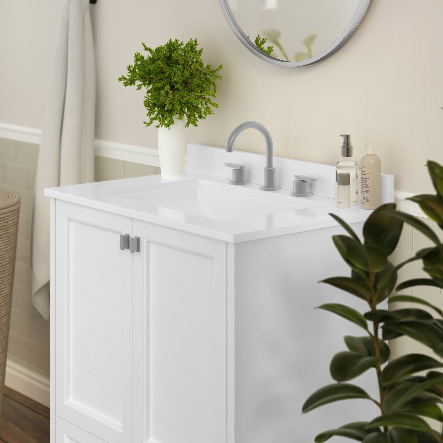Haven 30 Inch Bathroom Vanity with Sink, Storage Cabinet with Soft Close Doors and Bottom Drawer, Carrara Marble Finish Countertop, White White