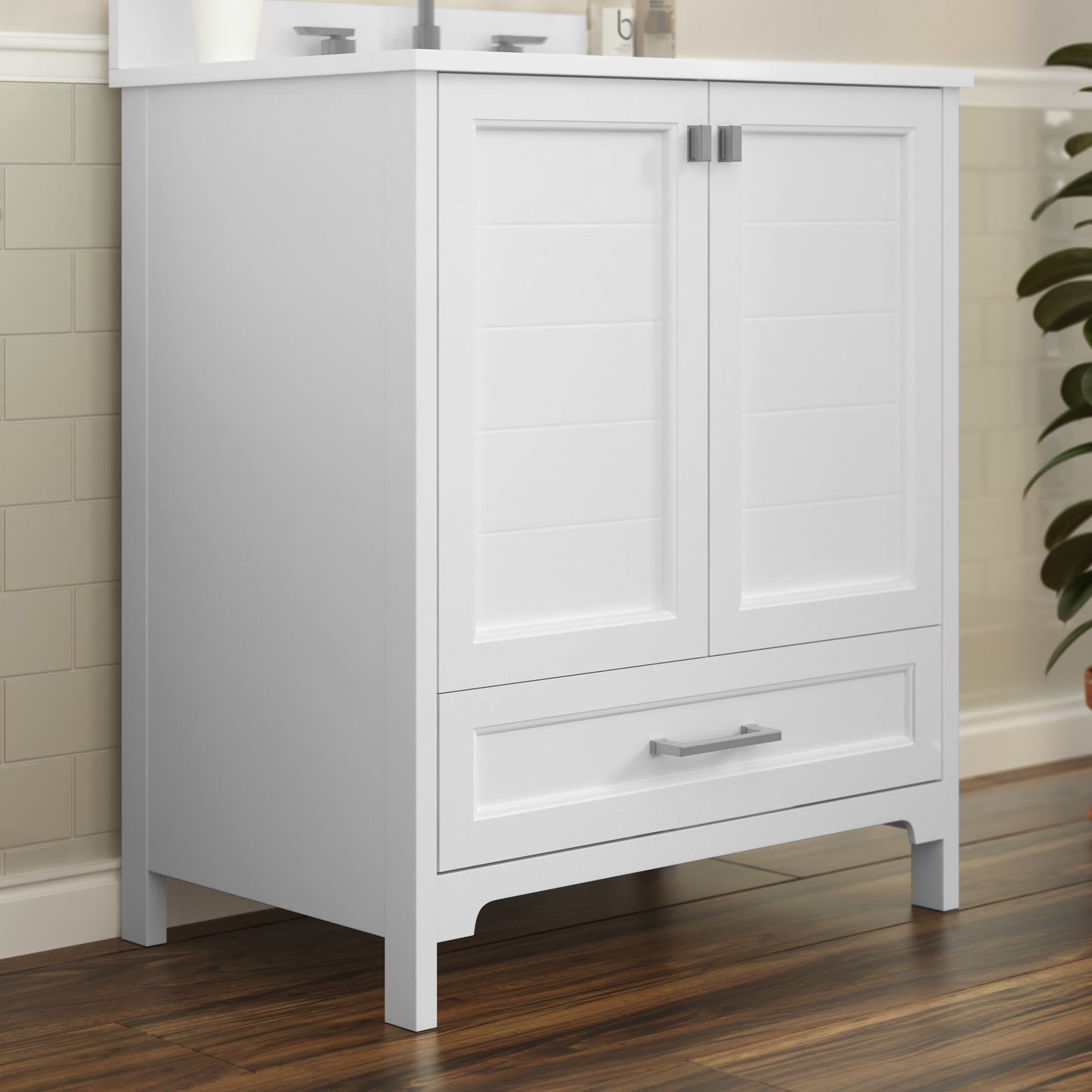 Haven 30 Inch Bathroom Vanity with Sink, Storage Cabinet with Soft Close Doors and Bottom Drawer, Carrara Marble Finish Countertop, White White