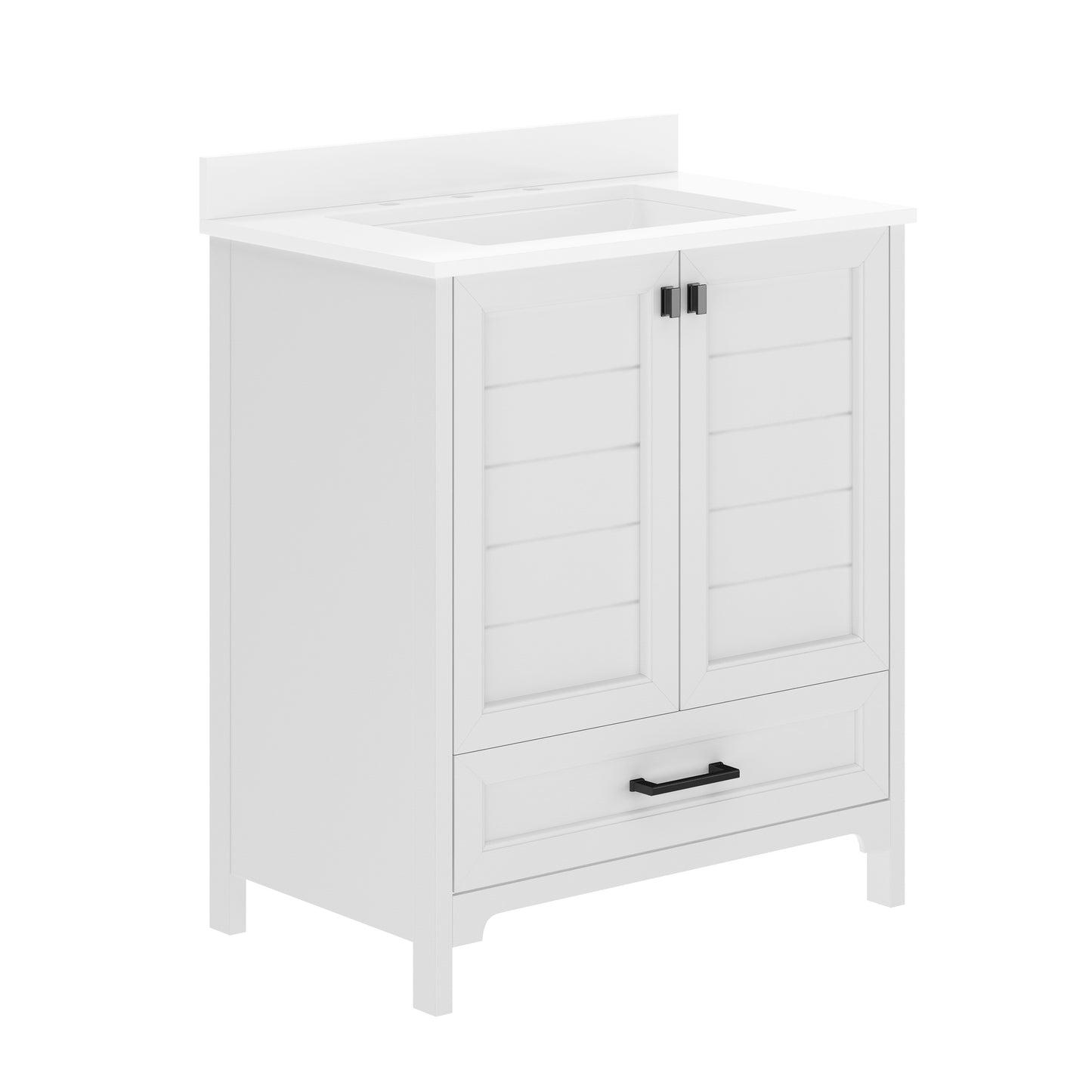 Haven 30" Bathroom Vanity with Sink, Storage Cabinet with Black Hardware, Soft Close Doors and Bottom Drawer, Carrara Marble Finish Countertop, White White Frame/Black Hardware