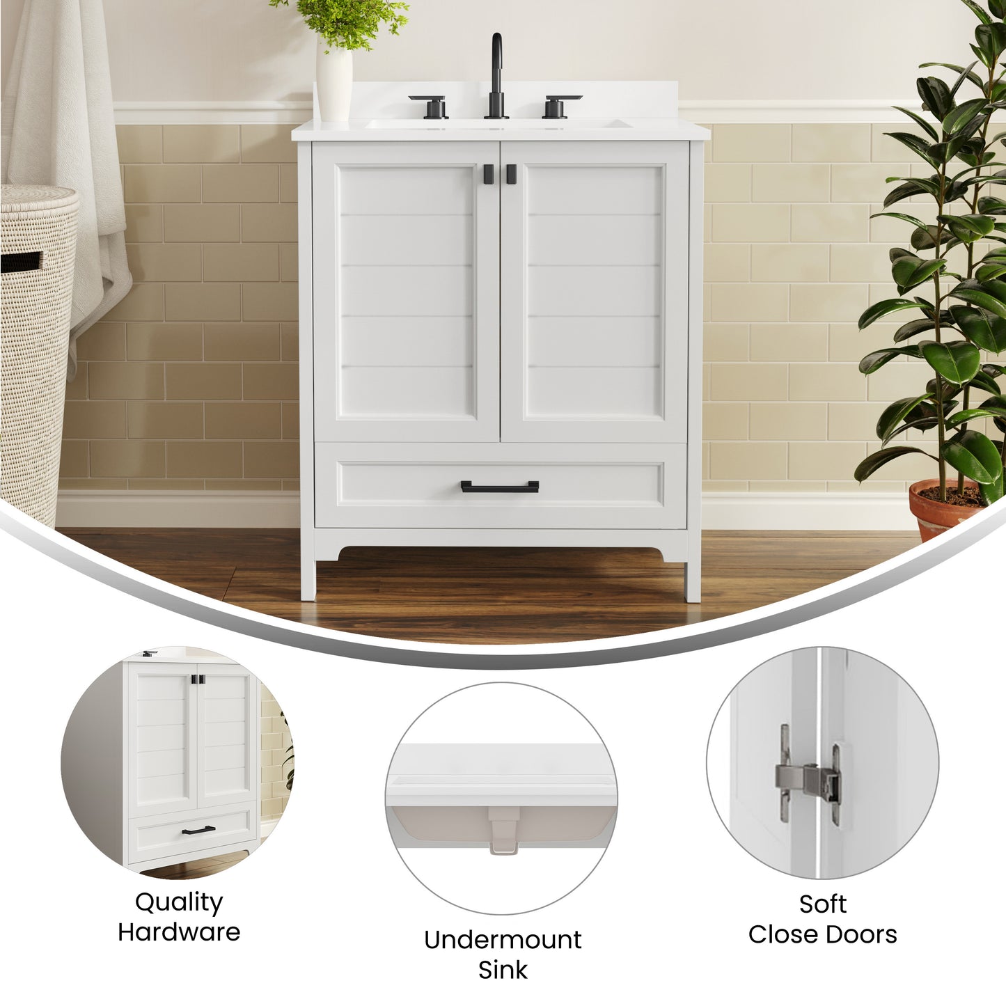 Haven 30" Bathroom Vanity with Sink, Storage Cabinet with Black Hardware, Soft Close Doors and Bottom Drawer, Carrara Marble Finish Countertop, White White Frame/Black Hardware