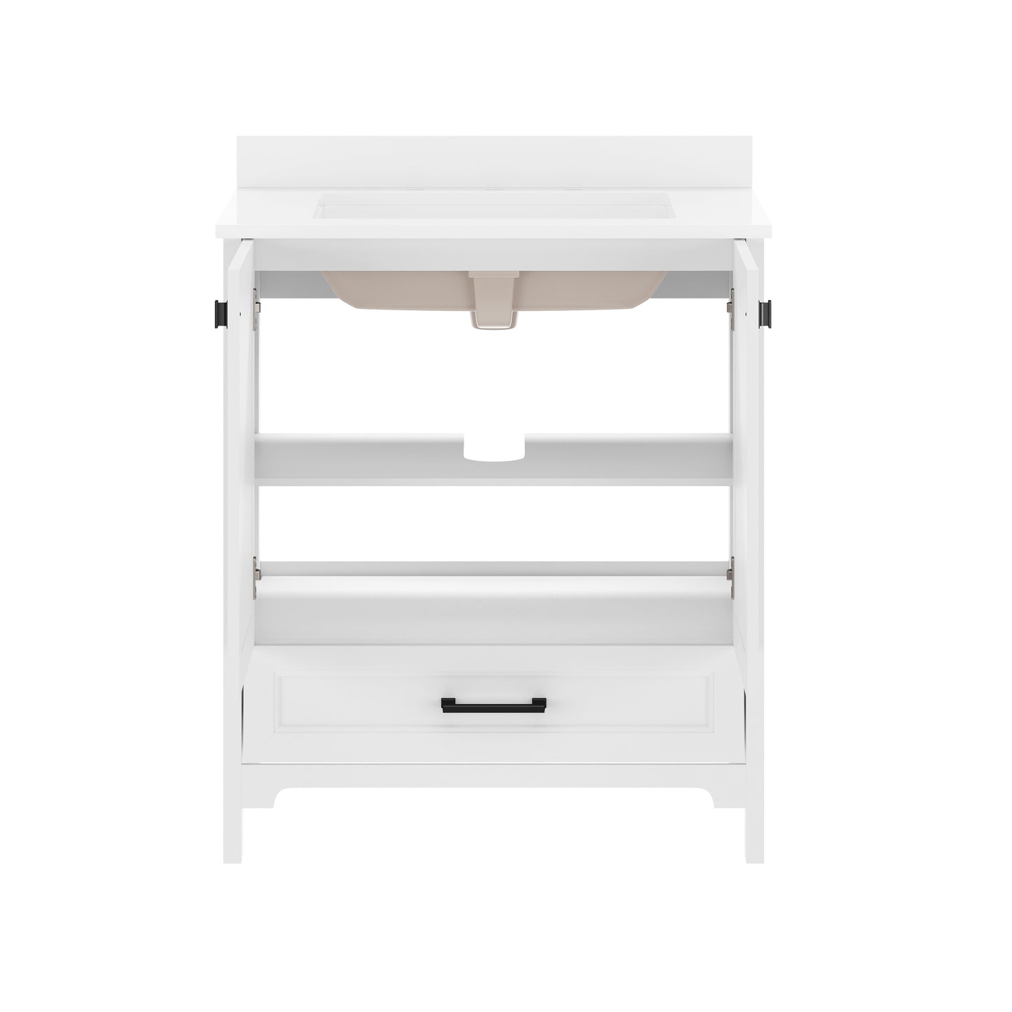 Haven 30" Bathroom Vanity with Sink, Storage Cabinet with Black Hardware, Soft Close Doors and Bottom Drawer, Carrara Marble Finish Countertop, White White Frame/Black Hardware