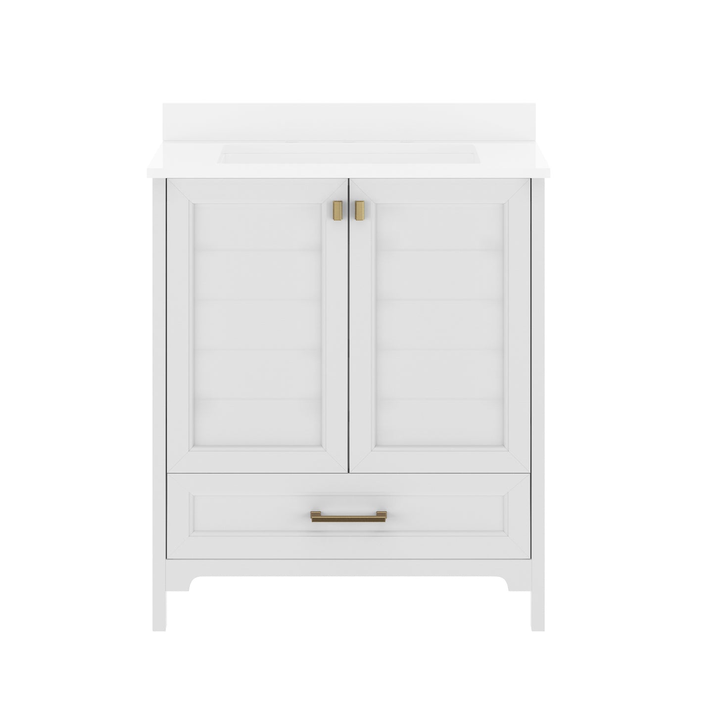 Haven 30" Bathroom Vanity with Sink, Storage Cabinet with Black Hardware, Soft Close Doors and Bottom Drawer, Carrara Marble Finish Countertop, White White Frame/Black Hardware