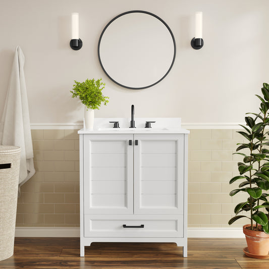 Haven 30" Bathroom Vanity with Sink, Storage Cabinet with Black Hardware, Soft Close Doors and Bottom Drawer, Carrara Marble Finish Countertop, White White Frame/Black Hardware FS-BN-4-30-KD-WH-HDBLK-GG