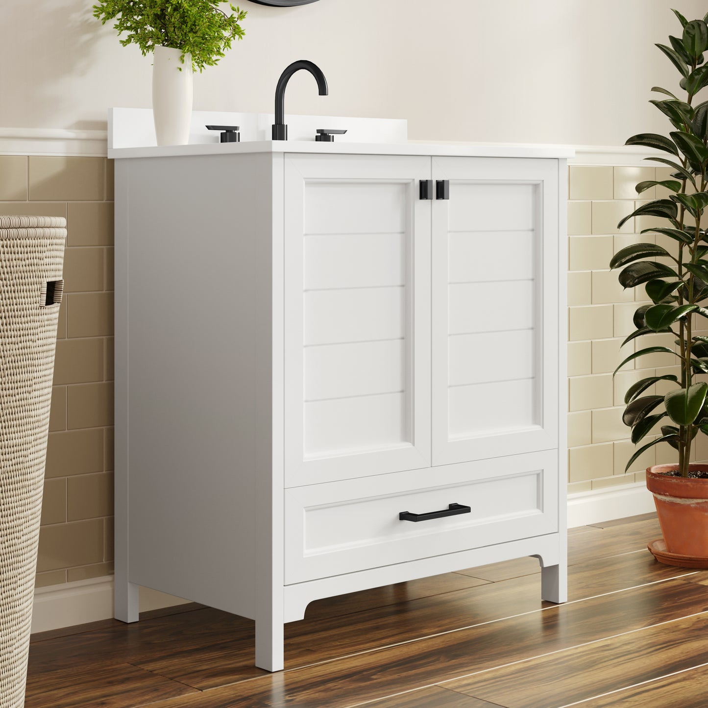 Haven 30" Bathroom Vanity with Sink, Storage Cabinet with Black Hardware, Soft Close Doors and Bottom Drawer, Carrara Marble Finish Countertop, White White Frame/Black Hardware