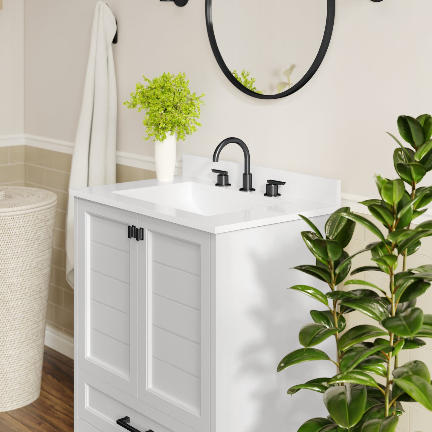 Haven 30" Bathroom Vanity with Sink, Storage Cabinet with Black Hardware, Soft Close Doors and Bottom Drawer, Carrara Marble Finish Countertop, White White Frame/Black Hardware