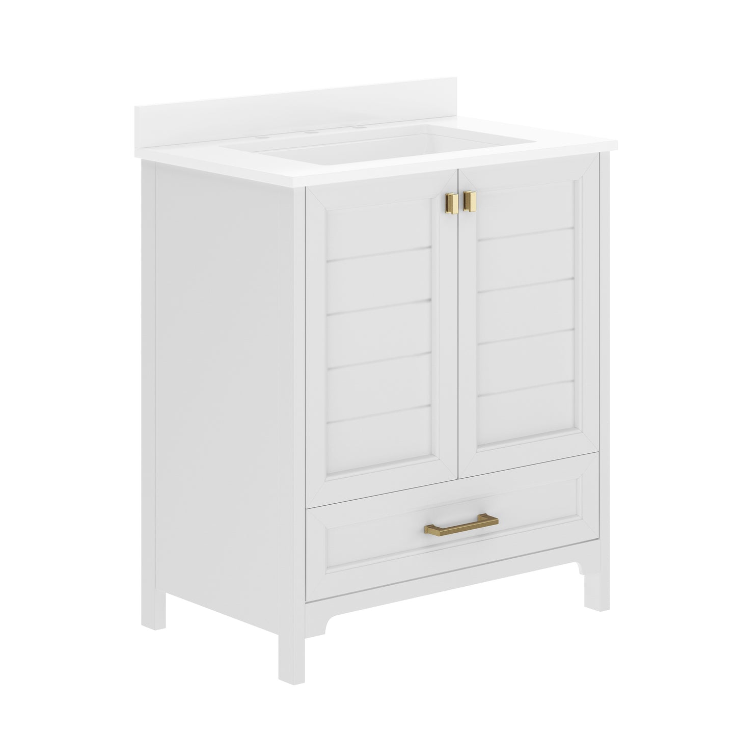 Haven 30" Bathroom Vanity with Sink, Storage Cabinet with Gold Hardware, Soft Close Doors and Bottom Drawer, Carrara Marble Finish Countertop, White White Frame/Gold Hardware