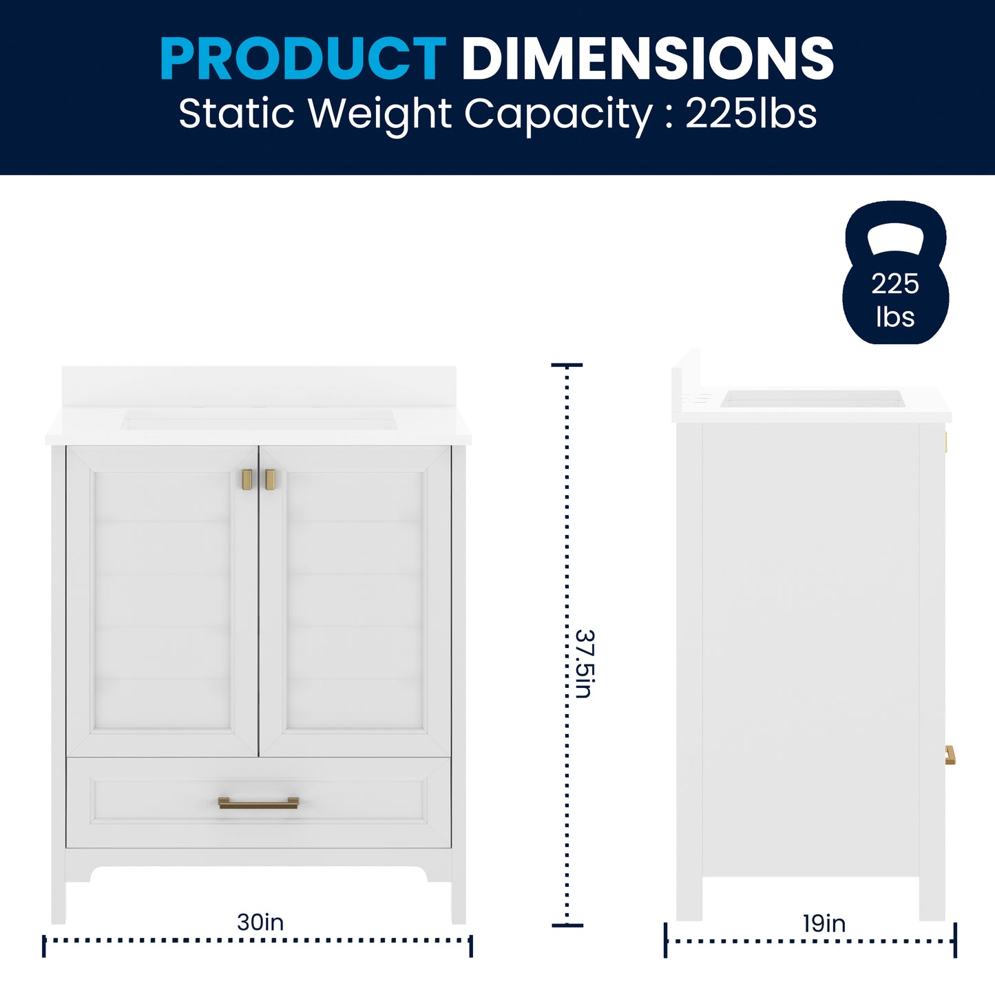 Haven 30" Bathroom Vanity with Sink, Storage Cabinet with Gold Hardware, Soft Close Doors and Bottom Drawer, Carrara Marble Finish Countertop, White White Frame/Gold Hardware
