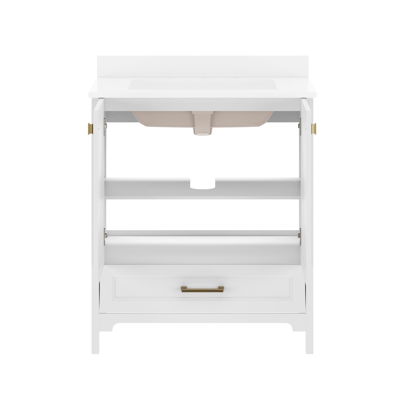 Haven 30" Bathroom Vanity with Sink, Storage Cabinet with Gold Hardware, Soft Close Doors and Bottom Drawer, Carrara Marble Finish Countertop, White White Frame/Gold Hardware