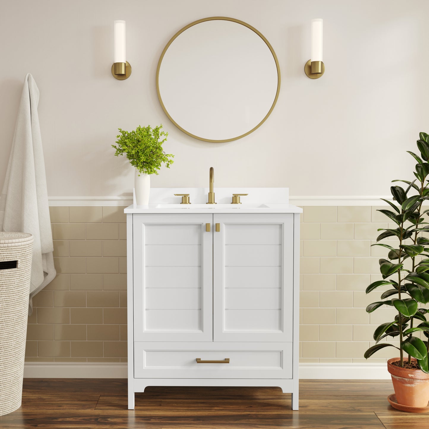 Haven 30" Bathroom Vanity with Sink, Storage Cabinet with Gold Hardware, Soft Close Doors and Bottom Drawer, Carrara Marble Finish Countertop, White White Frame/Gold Hardware