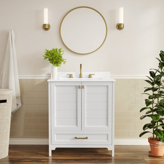 Haven 30" Bathroom Vanity with Sink, Storage Cabinet with Gold Hardware, Soft Close Doors and Bottom Drawer, Carrara Marble Finish Countertop, White White Frame/Gold Hardware FS-BN-4-30-KD-WH-HDGLD-GG