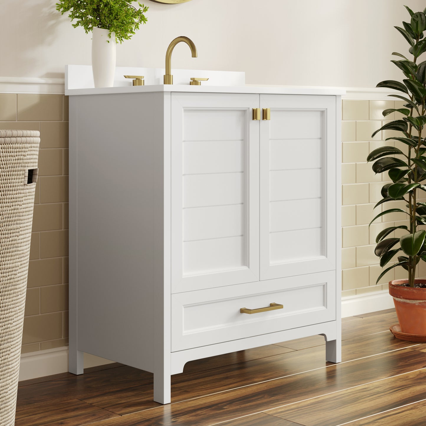 Haven 30" Bathroom Vanity with Sink, Storage Cabinet with Gold Hardware, Soft Close Doors and Bottom Drawer, Carrara Marble Finish Countertop, White White Frame/Gold Hardware
