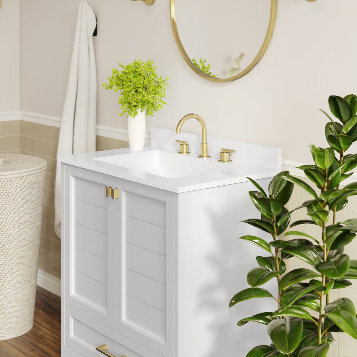 Haven 30" Bathroom Vanity with Sink, Storage Cabinet with Gold Hardware, Soft Close Doors and Bottom Drawer, Carrara Marble Finish Countertop, White White Frame/Gold Hardware