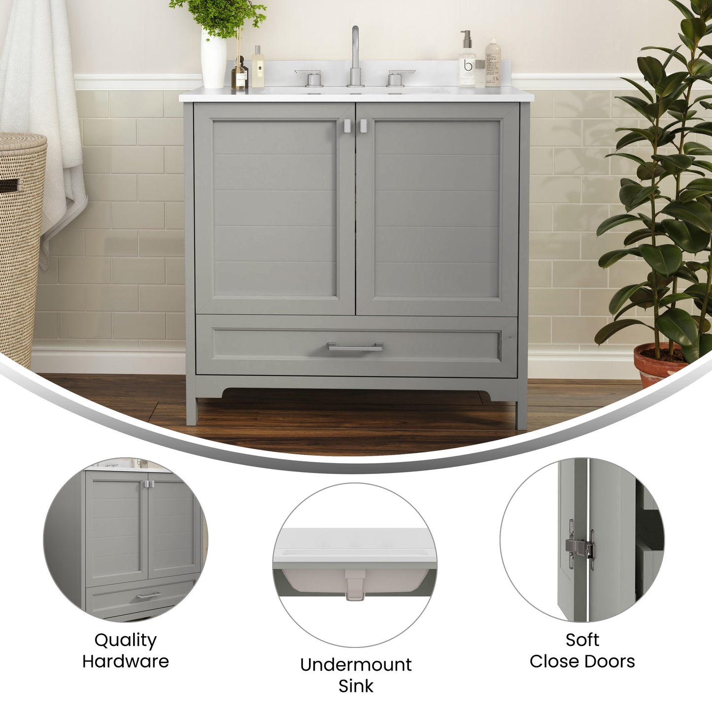 Haven 36 Inch Bathroom Vanity with Sink, Storage Cabinet with Soft Close Doors and Bottom Drawer, Carrara Marble Finish Countertop, Gray Gray