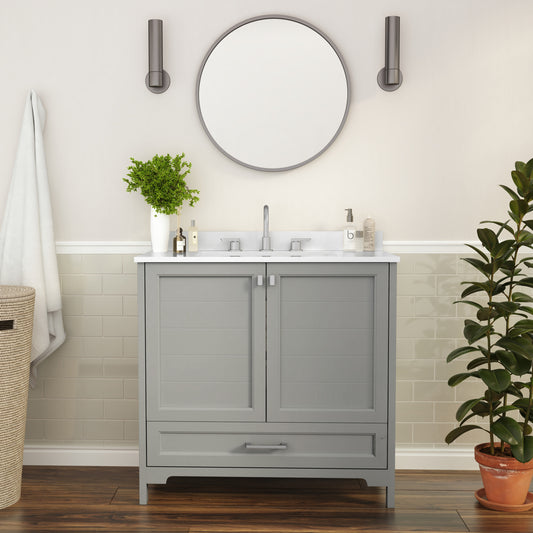 Haven 36 Inch Bathroom Vanity with Sink, Storage Cabinet with Soft Close Doors and Bottom Drawer, Carrara Marble Finish Countertop, Gray Gray FS-BN-4-36-KD-GY-GG