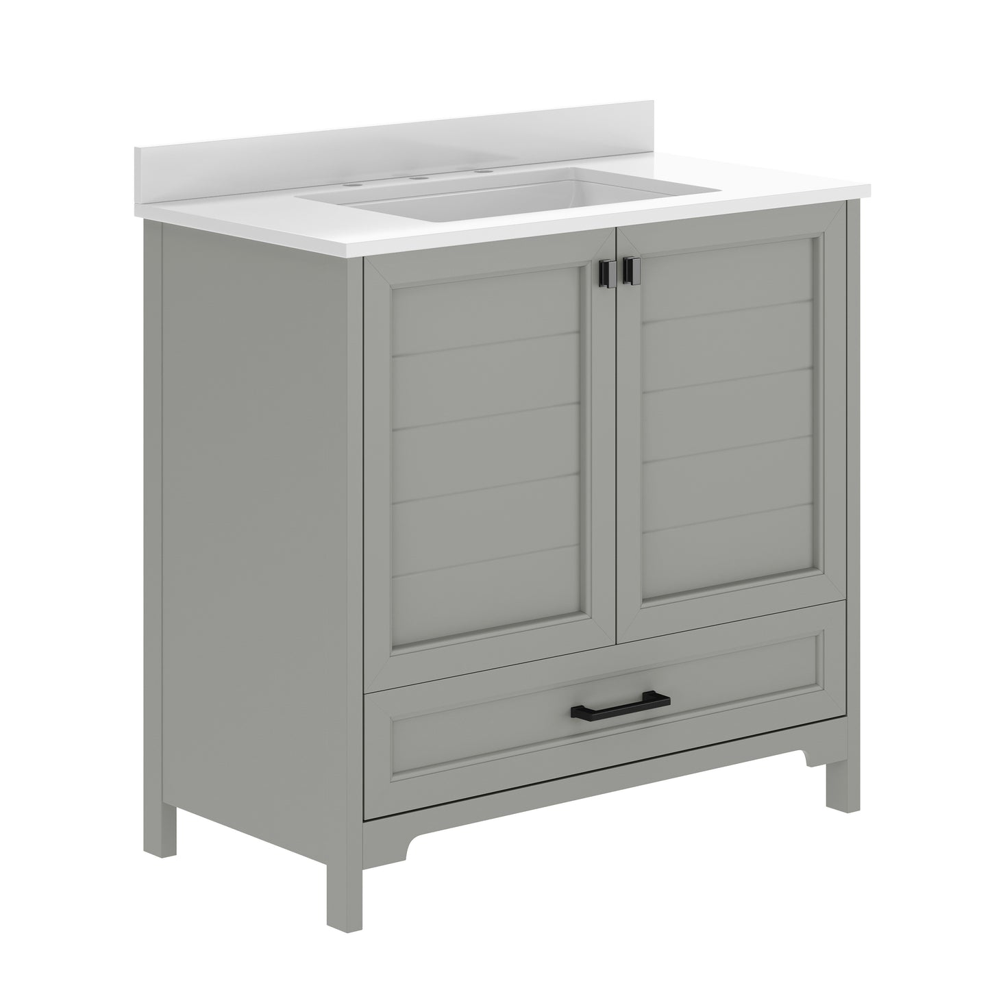 Haven 36" Bathroom Vanity with Sink, Storage Cabinet with Black Hardware, Soft Close Doors and Bottom Drawer, Carrara Marble Finish Countertop, Gray Gray Frame/Black Hardware