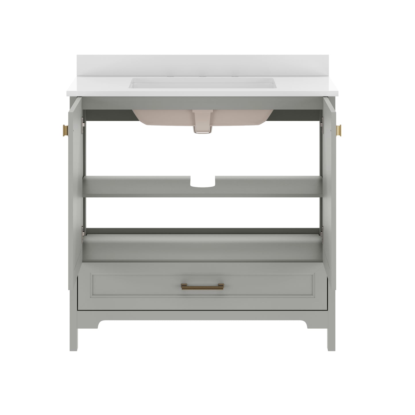 Haven 36" Bathroom Vanity with Sink, Storage Cabinet with Black Hardware, Soft Close Doors and Bottom Drawer, Carrara Marble Finish Countertop, Gray Gray Frame/Black Hardware