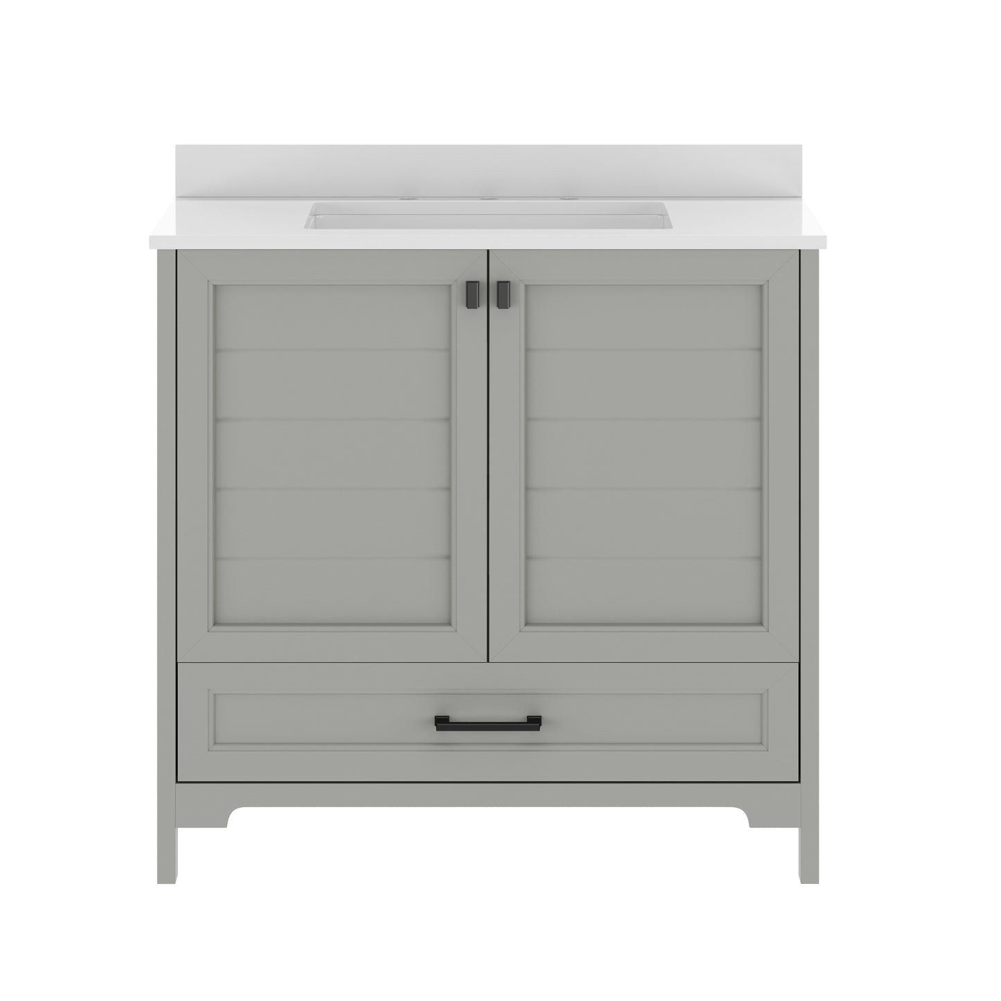 Haven 36" Bathroom Vanity with Sink, Storage Cabinet with Black Hardware, Soft Close Doors and Bottom Drawer, Carrara Marble Finish Countertop, Gray Gray Frame/Black Hardware