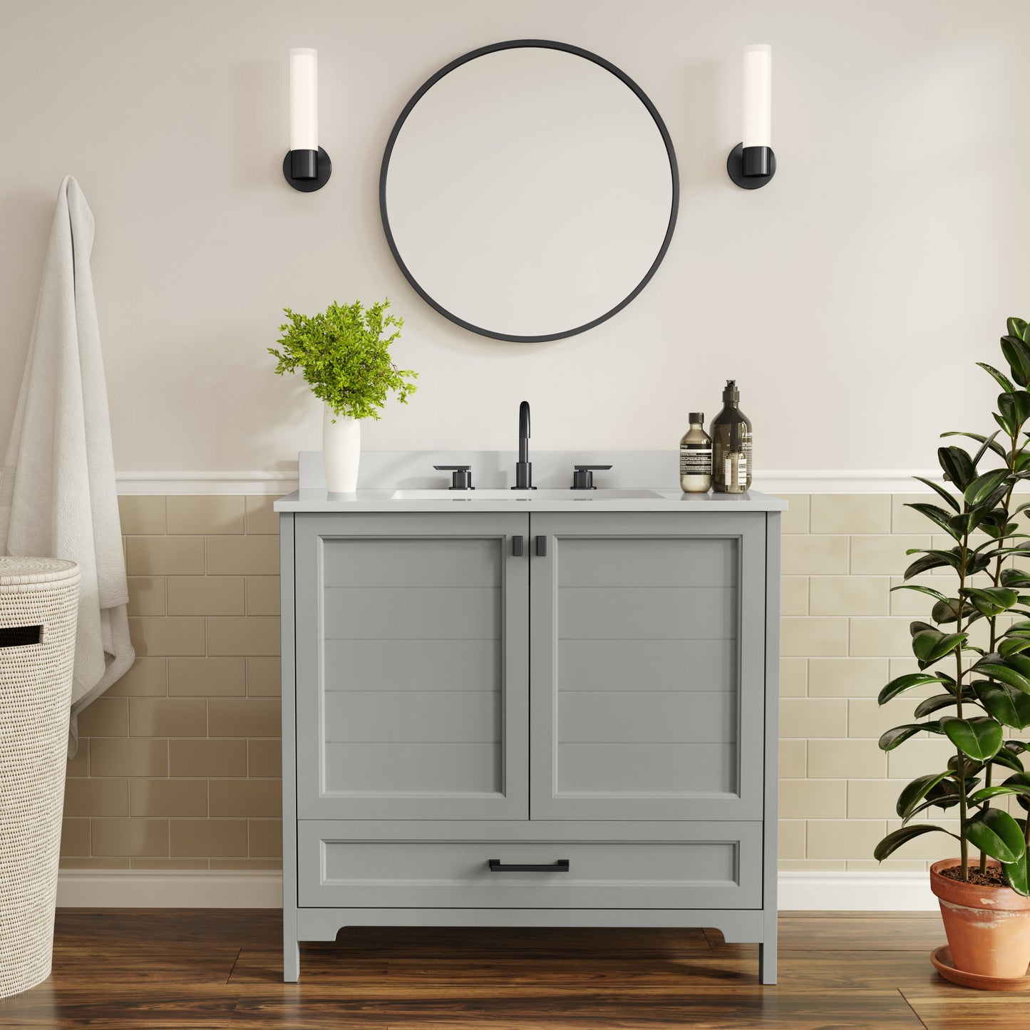 Haven 36" Bathroom Vanity with Sink, Storage Cabinet with Black Hardware, Soft Close Doors and Bottom Drawer, Carrara Marble Finish Countertop, Gray Gray Frame/Black Hardware