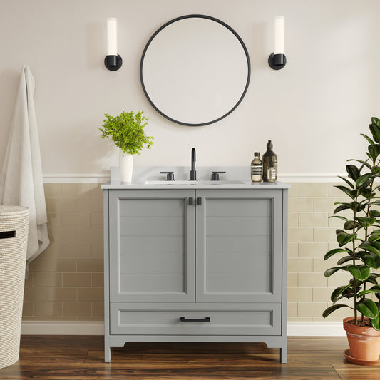 Haven 36" Bathroom Vanity with Sink, Storage Cabinet with Black Hardware, Soft Close Doors and Bottom Drawer, Carrara Marble Finish Countertop, Gray Gray Frame/Black Hardware FS-BN-4-36-KD-GY-HDBLK-GG