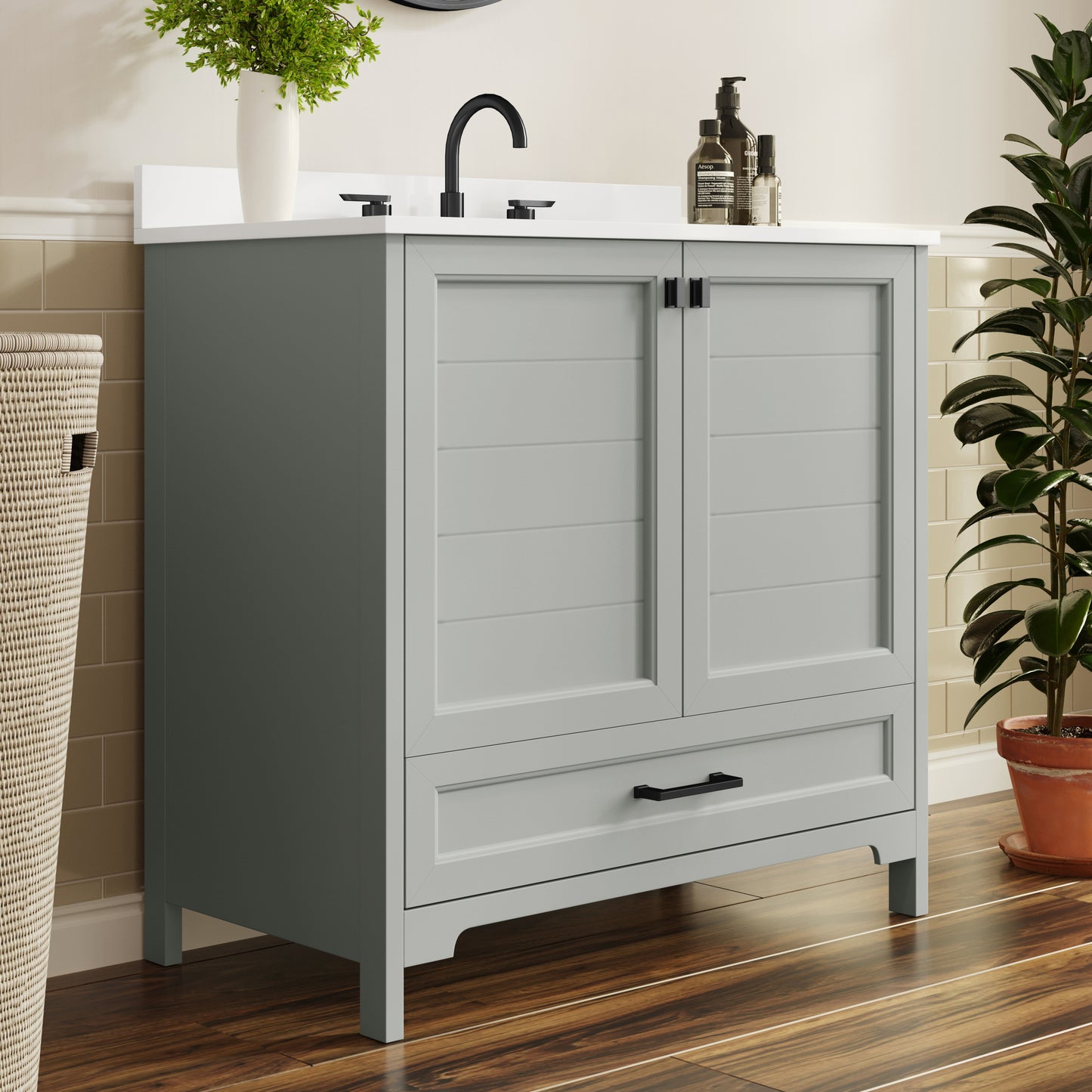 Haven 36" Bathroom Vanity with Sink, Storage Cabinet with Black Hardware, Soft Close Doors and Bottom Drawer, Carrara Marble Finish Countertop, Gray Gray Frame/Black Hardware