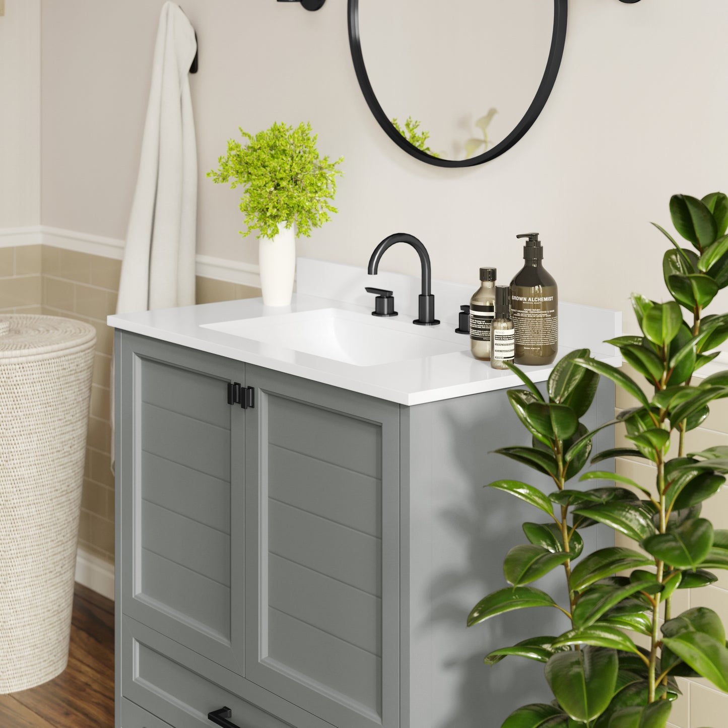 Haven 36" Bathroom Vanity with Sink, Storage Cabinet with Black Hardware, Soft Close Doors and Bottom Drawer, Carrara Marble Finish Countertop, Gray Gray Frame/Black Hardware