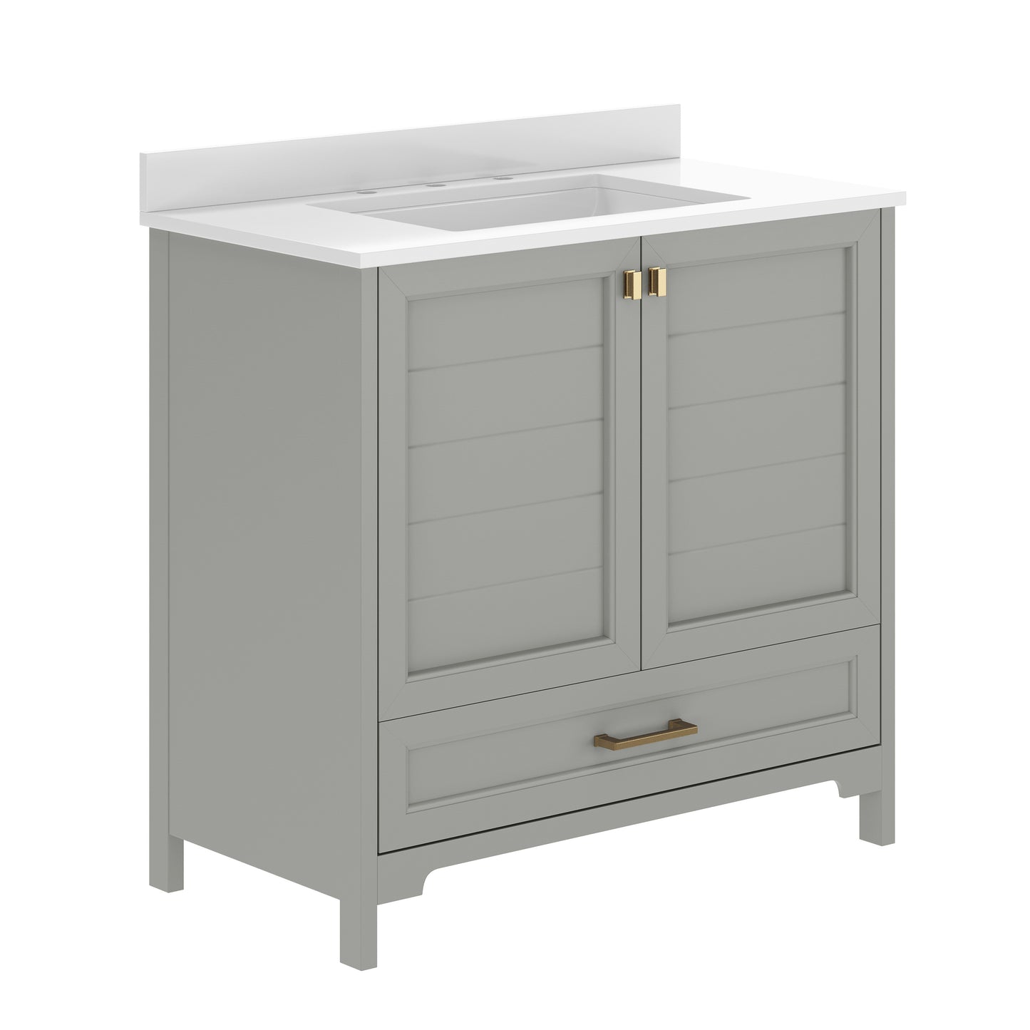 Haven 36" Bathroom Vanity with Sink, Storage Cabinet with Gold Hardware, Soft Close Doors and Bottom Drawer, Carrara Marble Finish Countertop, Gray Gray Frame/Gold Hardware