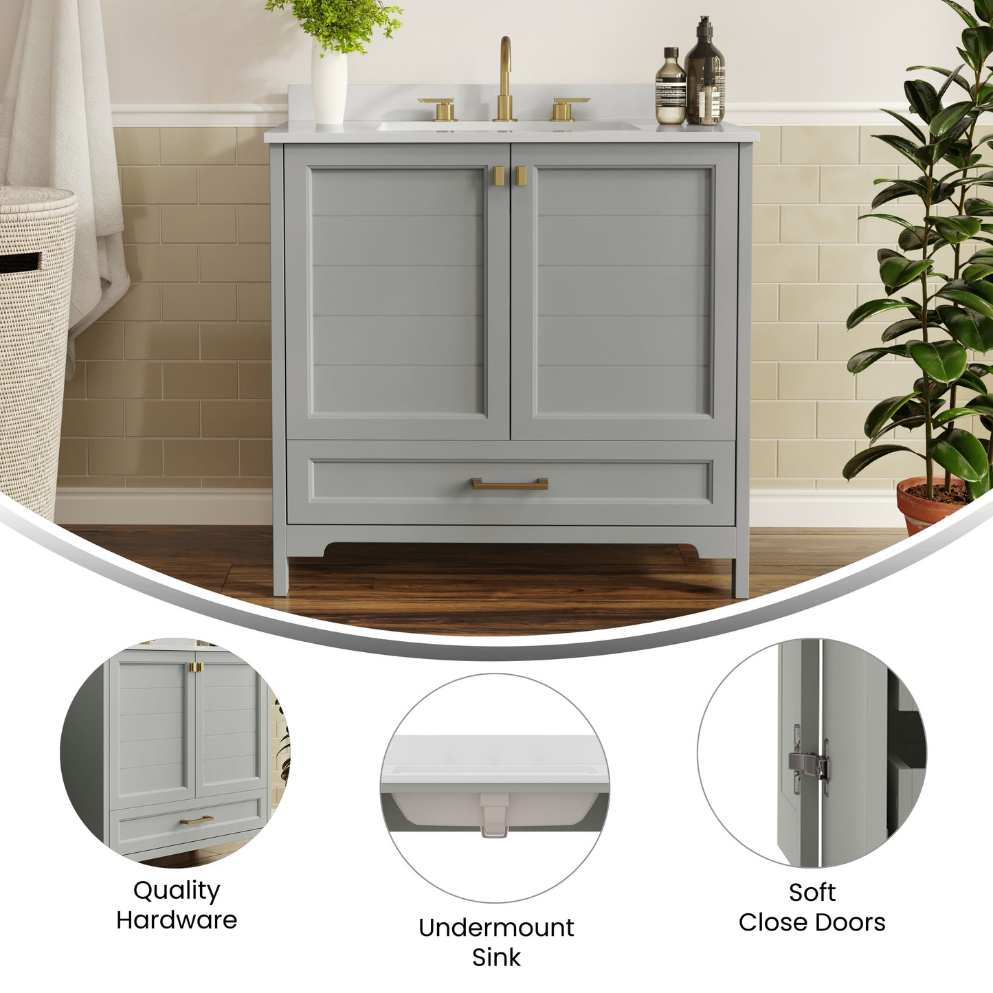 Haven 36" Bathroom Vanity with Sink, Storage Cabinet with Gold Hardware, Soft Close Doors and Bottom Drawer, Carrara Marble Finish Countertop, Gray Gray Frame/Gold Hardware